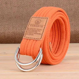 Ceinture en toile tissée orange avec boucle double anneau en D et étiquette en cuir