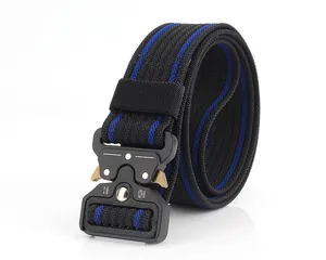 Detail of nylon tactical belt with quick release cobra buckle and blue stripes