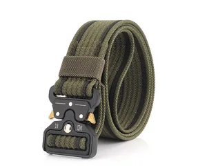 Macro detail of military green nylon tactical belt with 12kN quick-release metal buckle