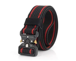 Close-up of tactical nylon belt with metal quick-release buckle and load-bearing specs