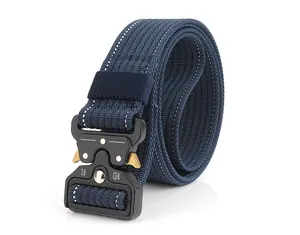 Detail of navy nylon tactical belt with metal quick-release buckle and white stitching