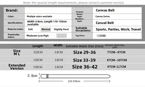 Size chart for tactical nylon belt with dimensions and length options from 110cm to 130cm