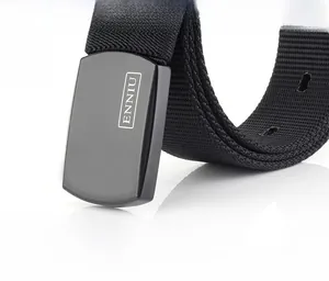 Close-up of matte zinc alloy buckle with ENNIU engraving on black tactical nylon belt