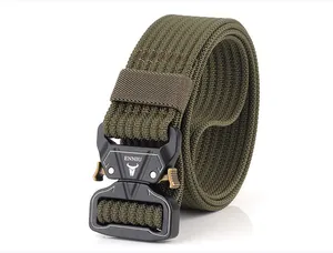 Detail of army green nylon tactical belt with black cobra buckle and metal quick release