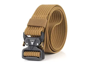 Macro view of khaki tactical nylon belt showing high-density texture and metal buckle detail