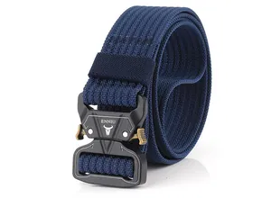 Detail of dark blue tactical nylon belt with black metal cobra-style quick release buckle