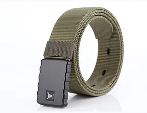 Macro shot of army green nylon tactical belt with black matte automatic metal buckle