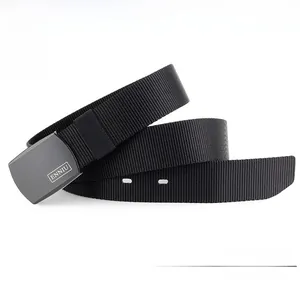 Detailed view of the thick nylon webbed strap and matte metal buckle of the tactical belt