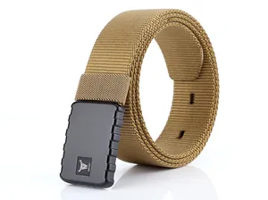 Detailed macro view of khaki nylon tactical belt featuring a durable black quick-release buckle