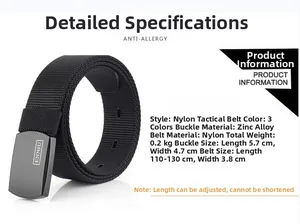 Macro detail of black tactical nylon belt with zinc alloy buckle and brand logo