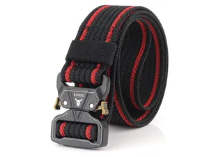Macro detail of red and black striped tactical nylon belt with metal quick release buckle