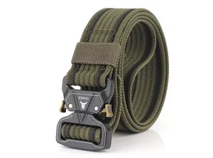Close-up of military green tactical nylon belt with heavy-duty metal quick release buckle