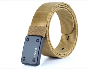 Detail of high-density nylon tactical belt with a matte black metal buckle and logo