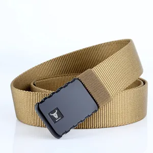 Detailed close-up of khaki tactical nylon belt with black buckle and bull logo