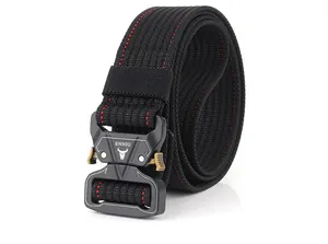Tactical nylon belt with black woven fabric, red stitching and metal quick-release buckle