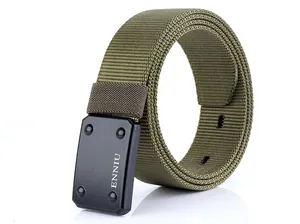 Close-up of military green nylon tactical belt with matte black buckle and nylon webbing