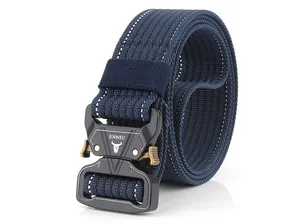 Detail of navy blue tactical nylon belt with matte black quick-release cobra buckle