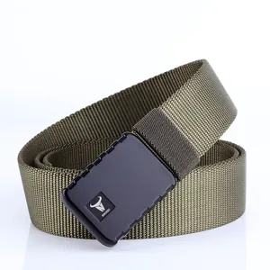 Detail of olive green nylon tactical belt featuring matte black buckle and logo