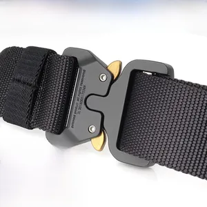 Tactical nylon belt with heavy duty quick release metal buckle on white background