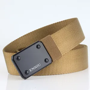 Detailed view of heavy-duty khaki nylon tactical belt with matte black metal buckle