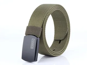 Detail of army green nylon tactical belt with matte black heavy duty metal buckle