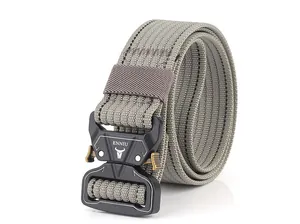 Detail of gray nylon tactical belt with black metal cobra quick-release buckle and logo