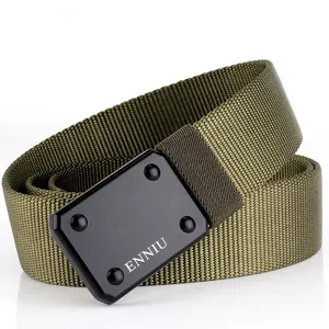 Detail of army green nylon tactical belt with black metal buckle and rivet accents