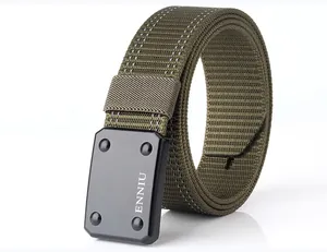 Close-up of olive drab nylon tactical belt with reinforced stitching and metal buckle