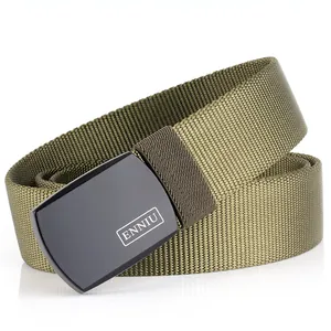 Detail of army green nylon tactical belt featuring matte black metal flat buckle