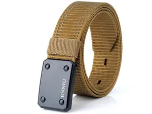 Macro shot of khaki tactical nylon belt showing high-density weave and matte buckle