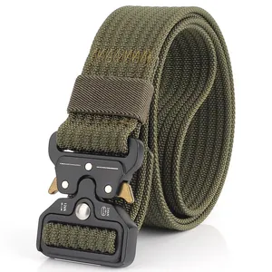 Army green tactical nylon belt with a black heavy duty quick release metal buckle