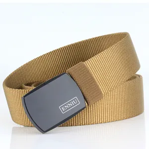 Macro view of khaki tactical nylon webbing and matte black metal buckle with logo