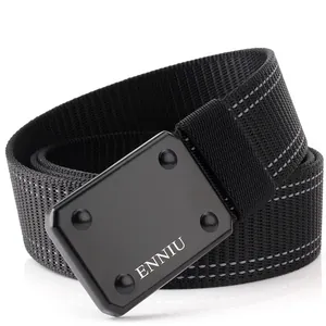 Tactical nylon belt with matte black buckle and grey stripes on a white background