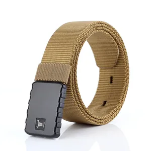 Tactical khaki nylon belt with quick release matte black buckle and reflective stripe