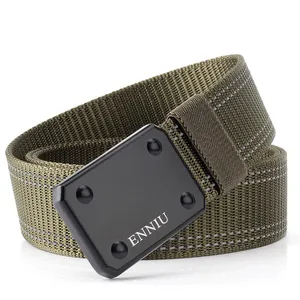 Detailed close-up of tactical nylon belt with matte black ENNIU metal buckle and webbing