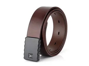 Macro detail of dark brown leather belt with black rectangular buckle and ox logo