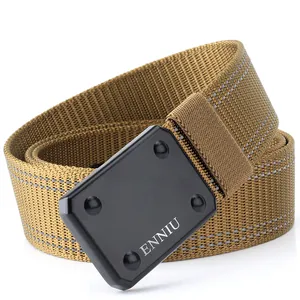 Detail of khaki tactical nylon belt showing high-density webbing and matte black buckle