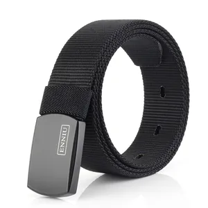 Tactical black nylon woven belt with a matte metal buckle and engraved logo detail