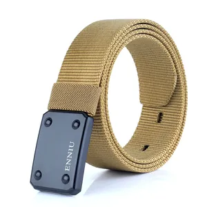 Khaki nylon tactical belt with metal quick-release double hook buckle and ENNIU logo