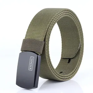 Army green tactical nylon belt for men with matte black buckle and brand logo