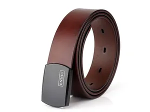 Detail view of deep brown leather tactical belt with matte black buckle and logo