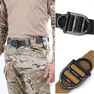 Tactical nylon belt with quick release alloy buckle and D-ring in black and coyote brown