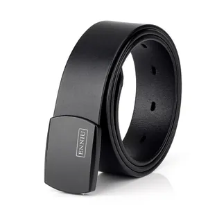 ENNIU black leather tactical belt with matte rectangle buckle and engraved logo detail