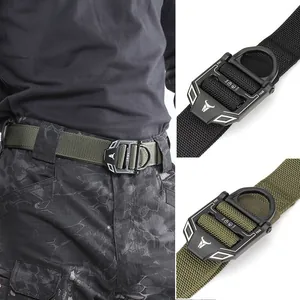 Quick release tactical nylon belt with zinc alloy buckle and heavy duty D-ring detail