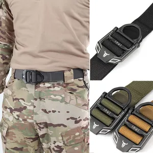 Detail of cobra buckle tactical belt set in black, green and tan nylon webbing