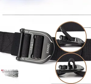 Macro view of tactical nylon belt with heavy duty matte black metal buckle and logo
