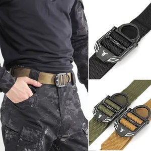 Close-up of quick-release cobra buckle on nylon tactical belt showing technical specs