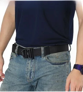 Detail view of a 3.8cm wide black tactical nylon belt with quick-release metal buckle