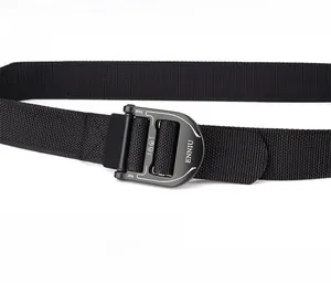Close-up of black nylon tactical belt featuring a zinc alloy D-ring quick release buckle