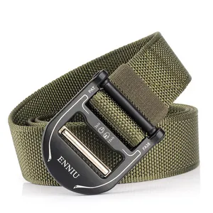 Close-up of tactical nylon belt with ENNIU matte black alloy buckle showing 3kN tension rating